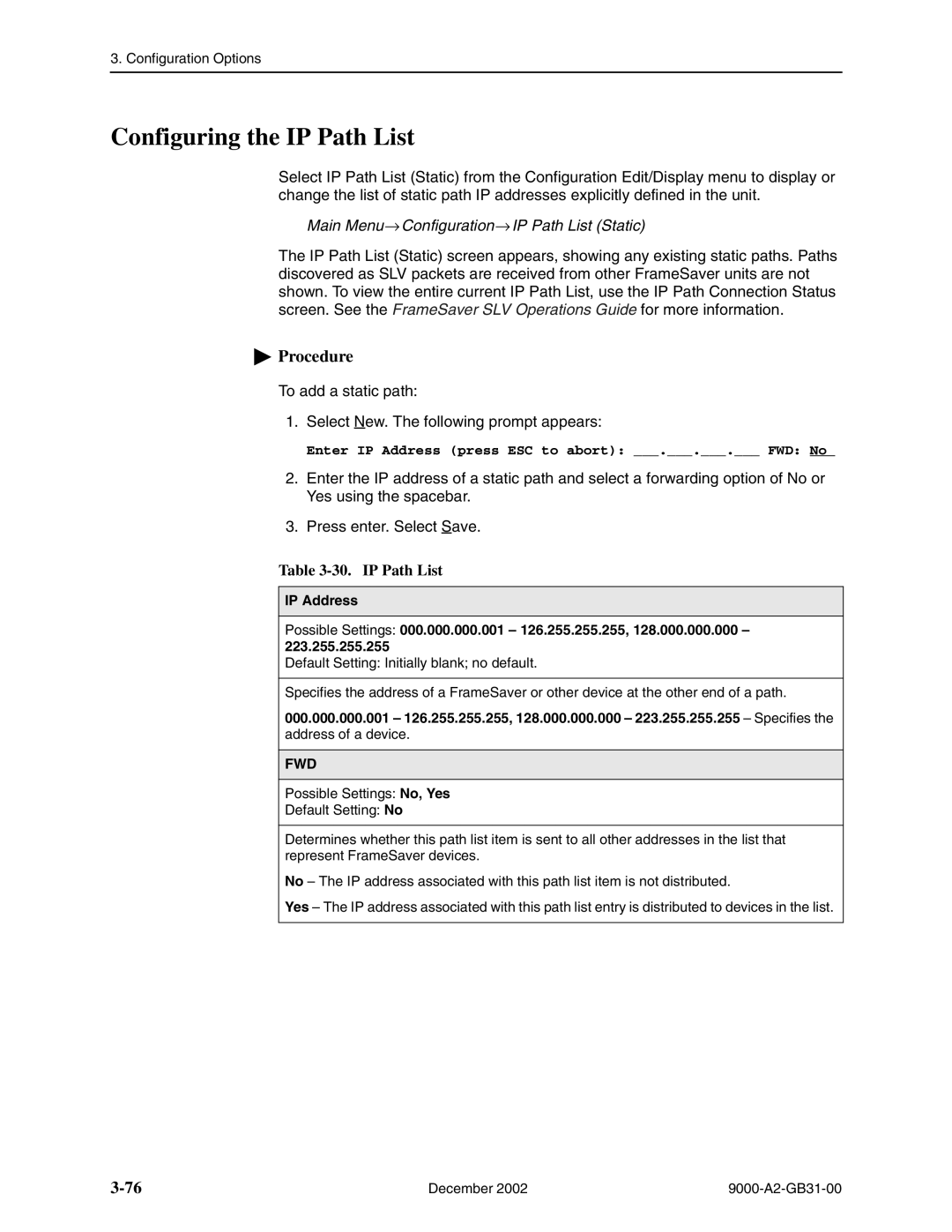 Paradyne 9783, and 9820-45M, 9820-2M, 9820-8M Configuring the IP Path List, Main Menu→ Configuration→IP Path List Static 