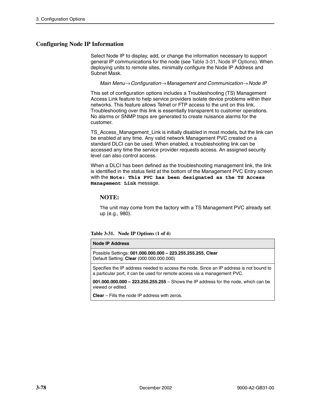 Paradyne and 9820-45M, 9820-2M, 9820-8M, 9623, 9788, 9128 standalone, 9720 Configuring Node IP Information, Node IP Options 1 