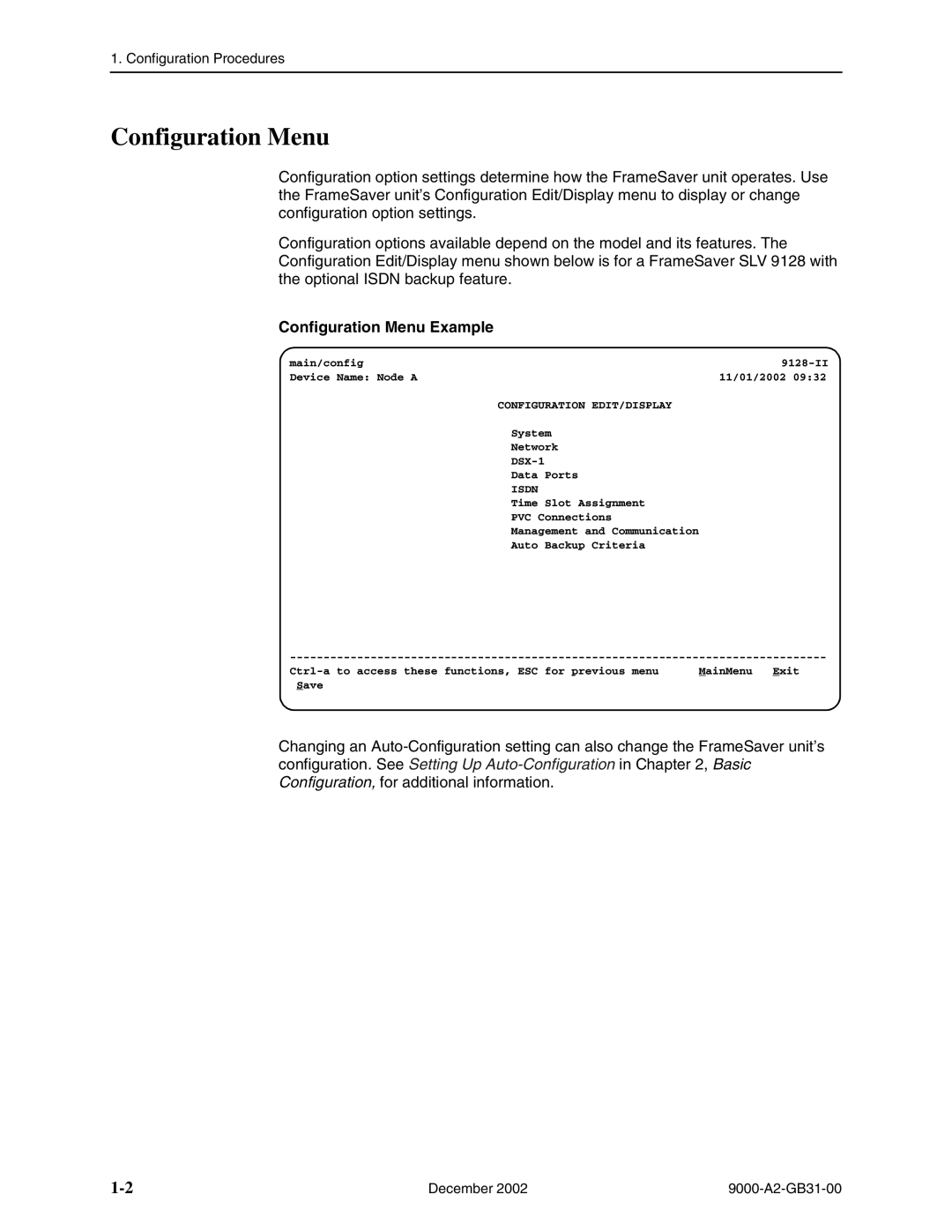 Paradyne 9820-8M, and 9820-45M, 9820-2M, 9623, 9788, 9128 standalone, 9720, 9128 carrier-mount Configuration Menu Example 