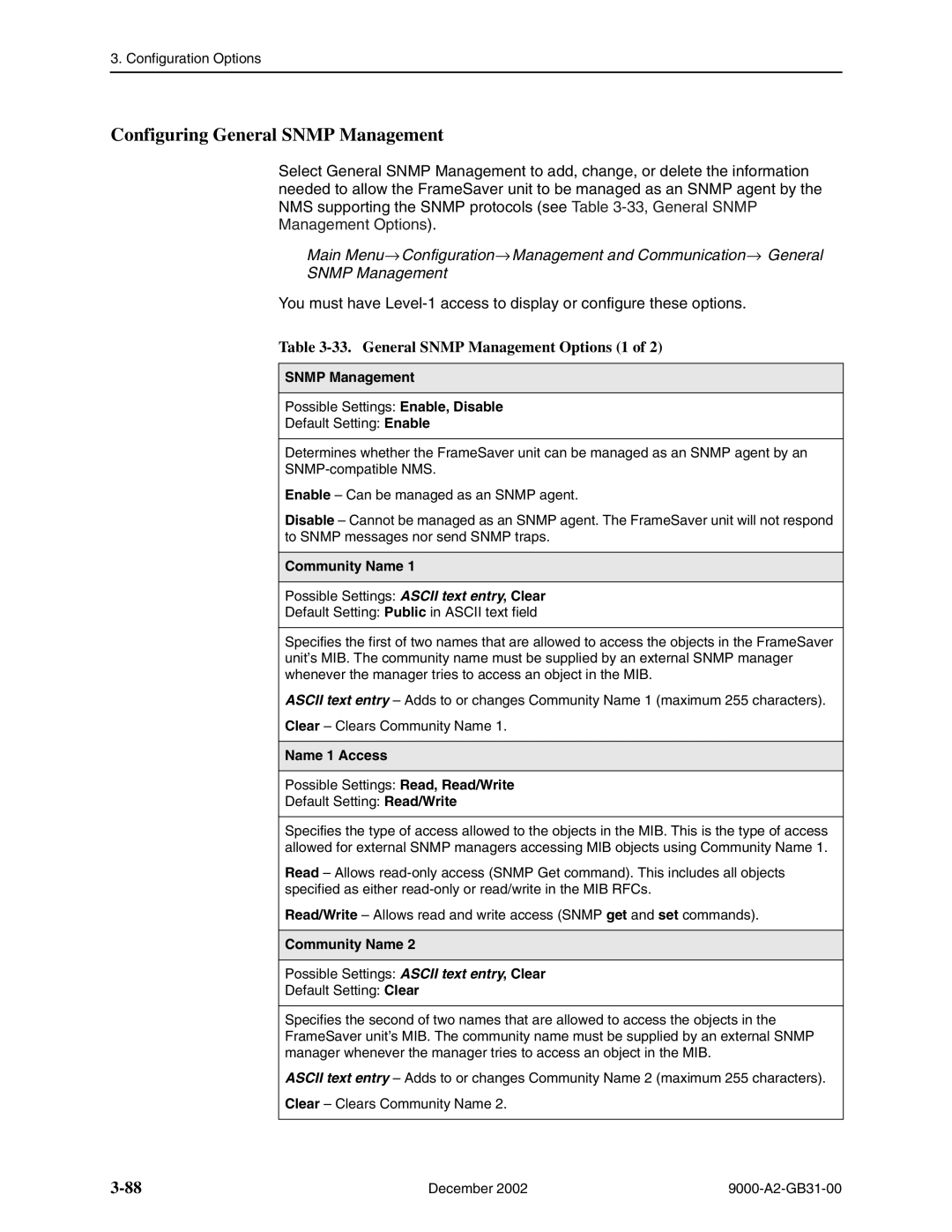 Paradyne and 9820-45M, 9820-2M, 9623 Configuring General Snmp Management, General Snmp Management Options 1, Community Name 