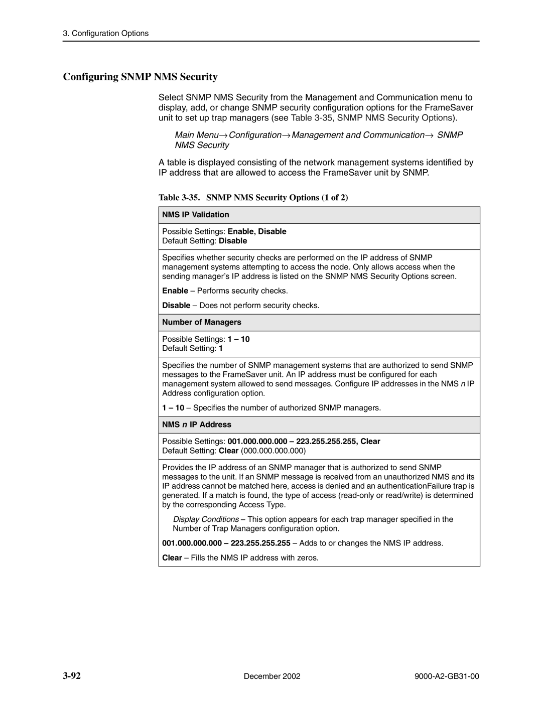 Paradyne 9788, 9820-2M Configuring Snmp NMS Security, Snmp NMS Security Options 1, NMS IP Validation, Number of Managers 