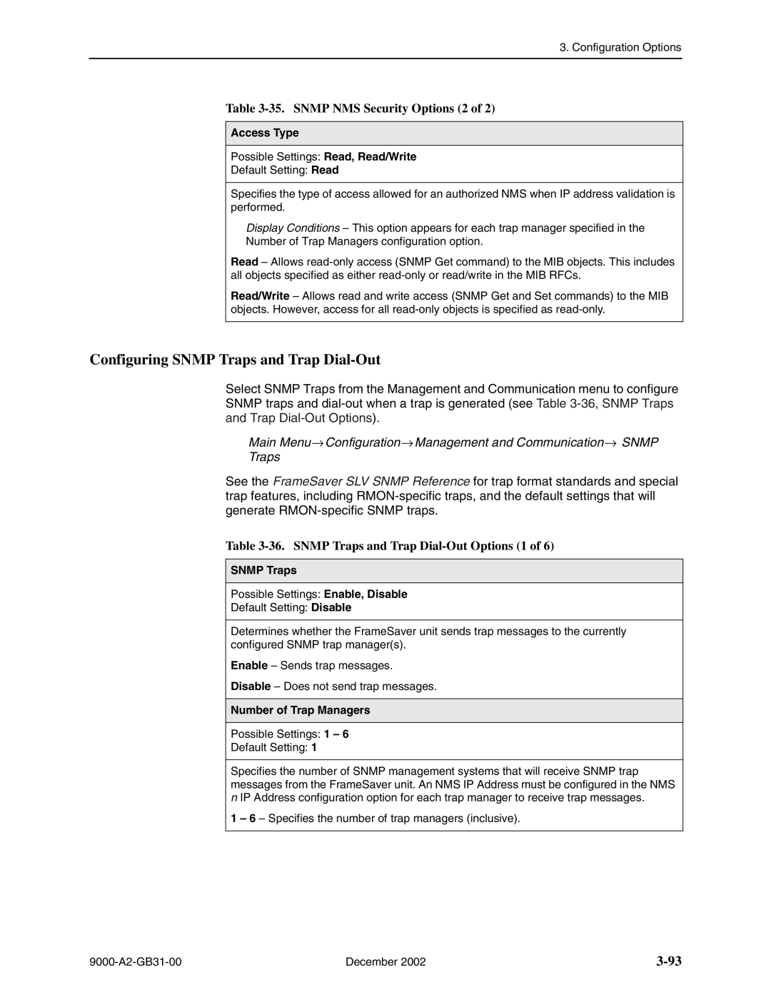 Paradyne 9128 standalone, and 9820-45M, 9820-2M, 9623 Configuring Snmp Traps and Trap Dial-Out, Snmp NMS Security Options 2 