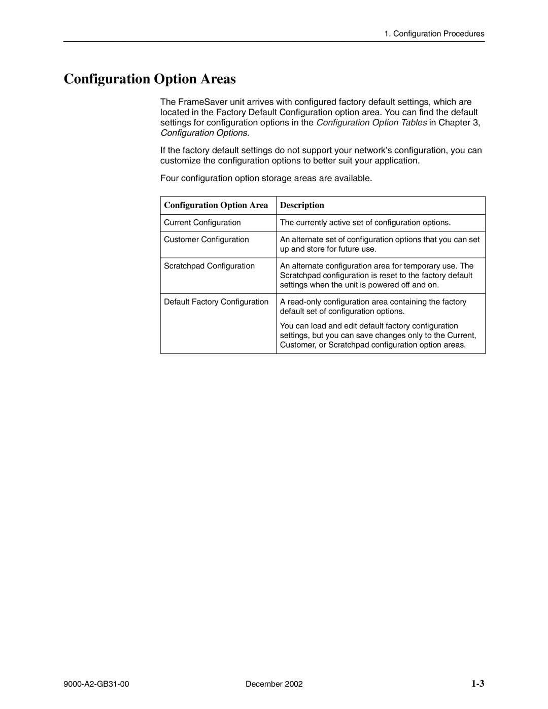 Paradyne 9623, and 9820-45M, 9820-2M, 9820-8M, 9788, 9720 Configuration Option Areas, Configuration Option Area Description 