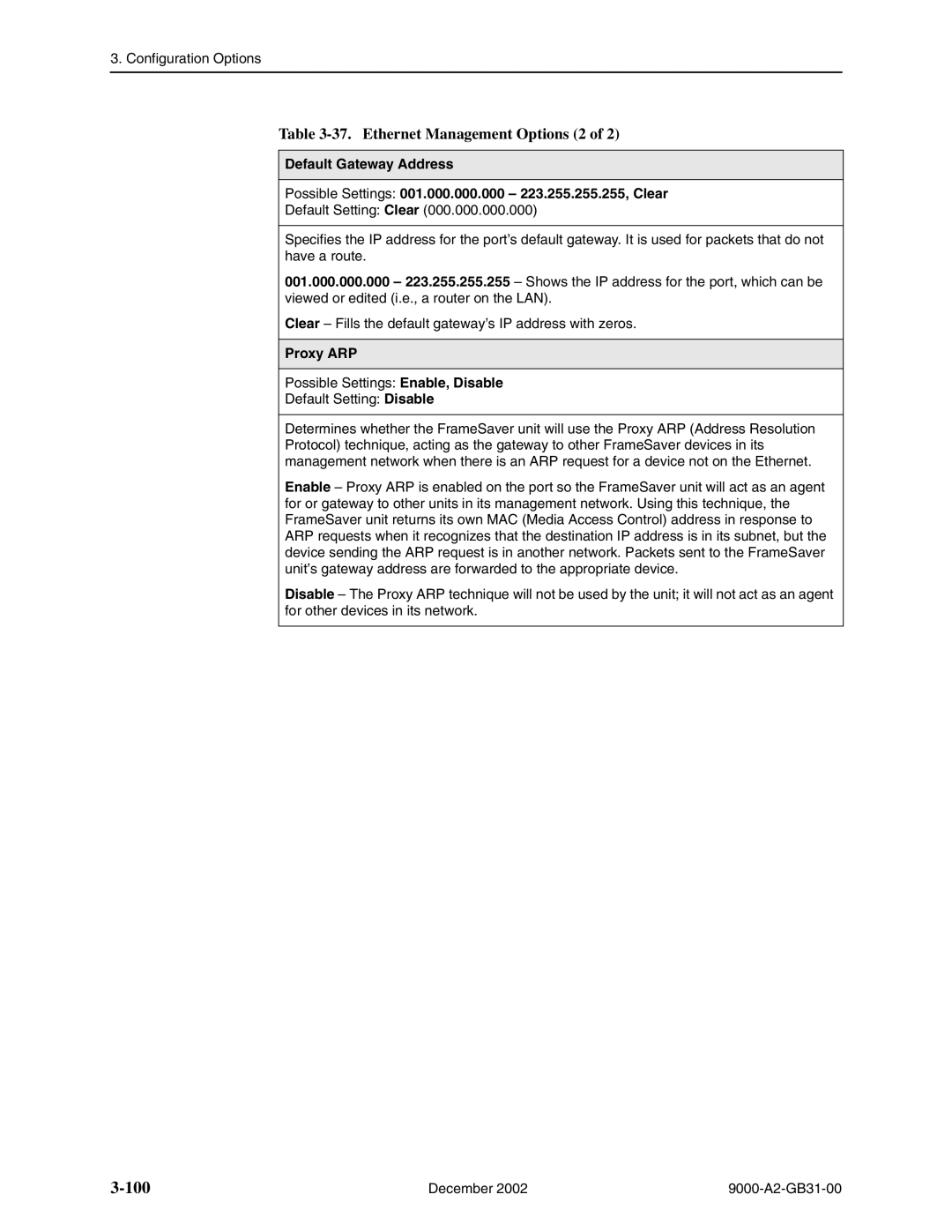 Paradyne 9820-8M, and 9820-45M, 9820-2M, 9623, 9788, 9128 standalone, 9720, 9783, 9123 Ethernet Management Options 2, Proxy ARP 