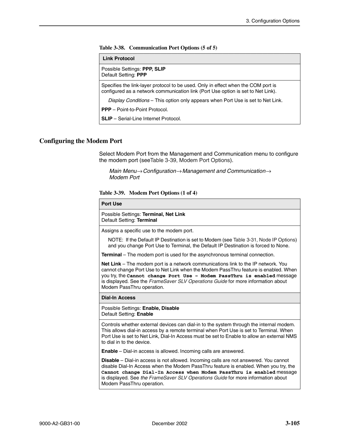 Paradyne 9128 carrier-mount, and 9820-45M Configuring the Modem Port, Communication Port Options 5, Modem Port Options 1 