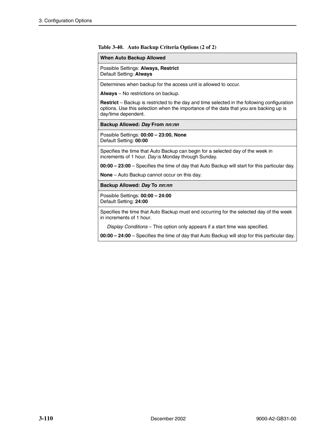 Paradyne 9820-8M, and 9820-45M, 9623 Auto Backup Criteria Options 2, When Auto Backup Allowed, Backup Allowed Day From nnnn 