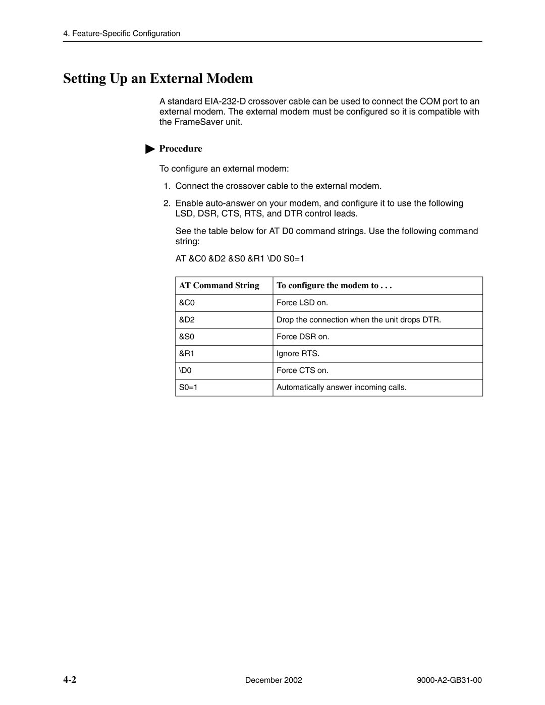 Paradyne 9788, and 9820-45M, 9820-2M, 9820-8M, 9623 Setting Up an External Modem, AT Command String To configure the modem to 