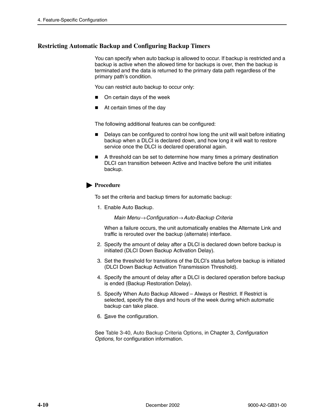 Paradyne 9820-8M Restricting Automatic Backup and Configuring Backup Timers, Main Menu→Configuration→Auto-Backup Criteria 