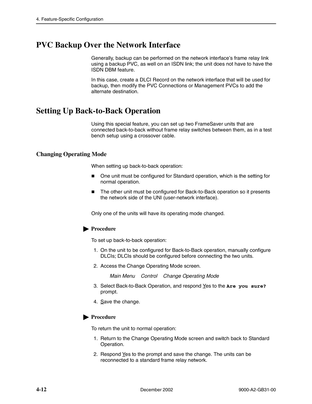 Paradyne 9788, 9820-2M PVC Backup Over the Network Interface, Setting Up Back-to-Back Operation, Changing Operating Mode 