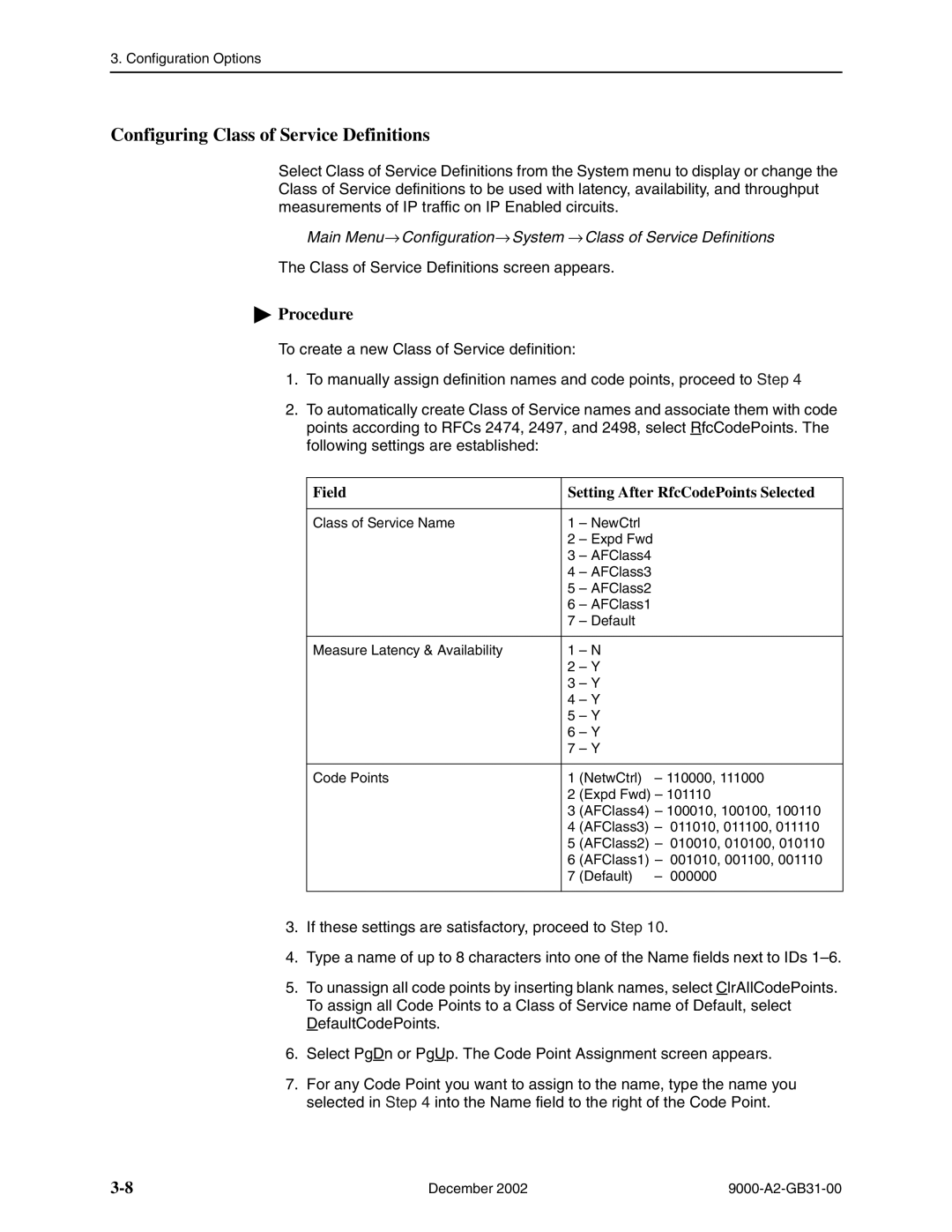 Paradyne and 9820-45M, 9820-2M, 9623 Configuring Class of Service Definitions, Field Setting After RfcCodePoints Selected 