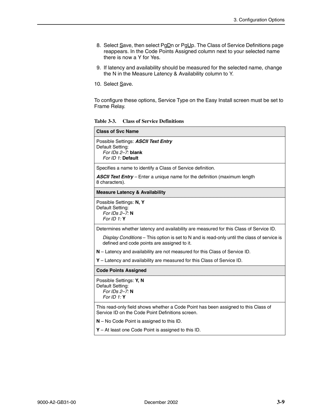 Paradyne 9820-2M Class of Service Definitions, Class of Svc Name, Measure Latency & Availability, Code Points Assigned 