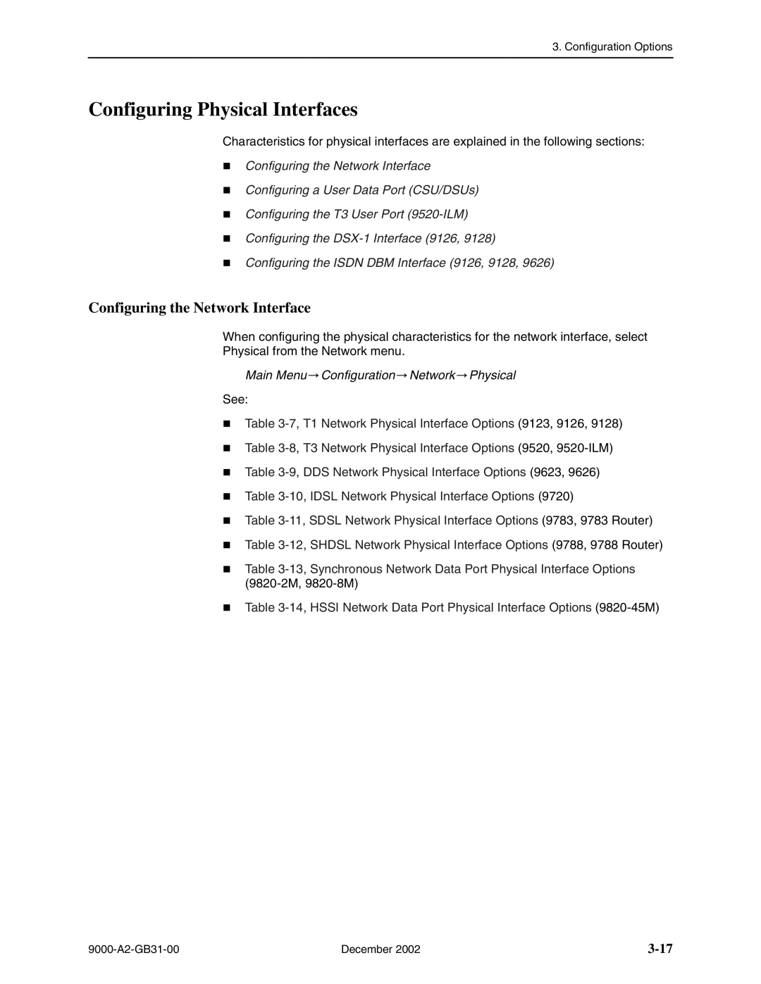 Paradyne 9123, and 9820-45M, 9820-2M, 9820-8M, 9623, 9788 Configuring Physical Interfaces, Configuring the Network Interface 