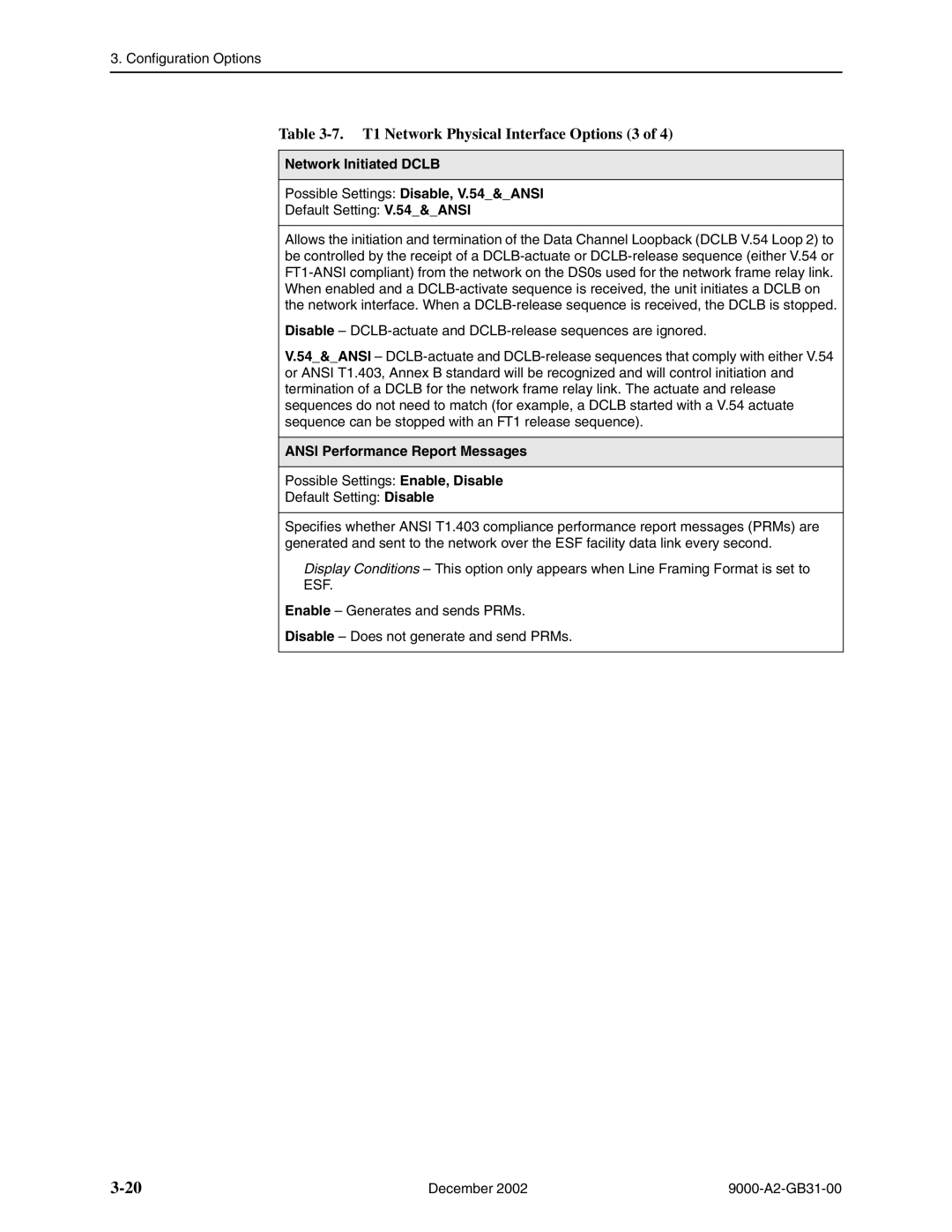 Paradyne 9820-8M T1 Network Physical Interface Options 3, Network Initiated Dclb Possible Settings Disable, V.54&ANSI, Esf 