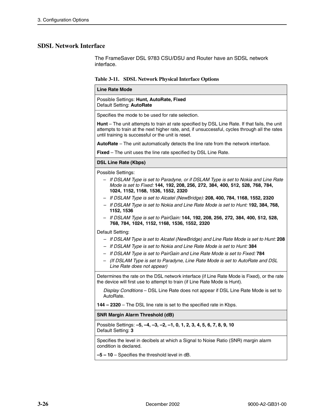 Paradyne 9783, and 9820-45M, 9820-2M Sdsl Network Interface, Sdsl Network Physical Interface Options, DSL Line Rate Kbps 