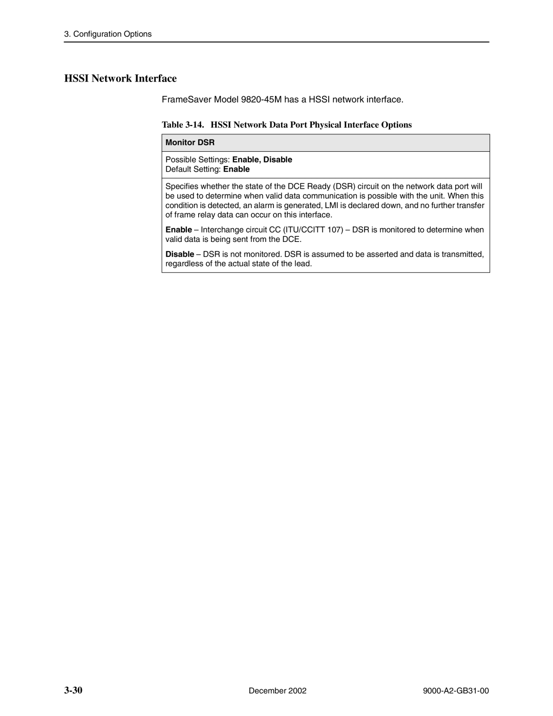 Paradyne 9820-8M, and 9820-45M, 9820-2M, 9623, 9788 Hssi Network Interface, Hssi Network Data Port Physical Interface Options 