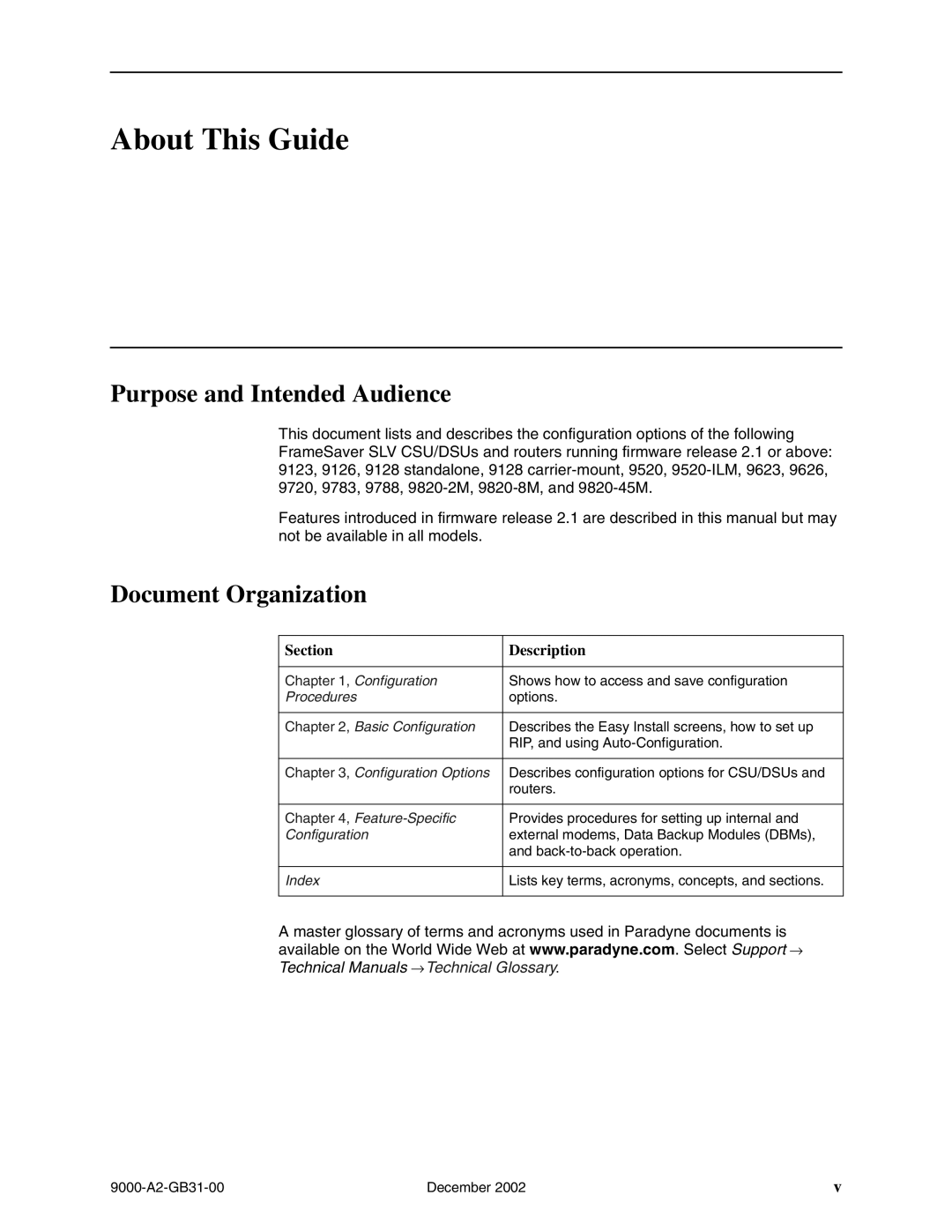 Paradyne 9128 carrier-mount, and 9820-45M, 9623 Purpose and Intended Audience, Document Organization, Section Description 