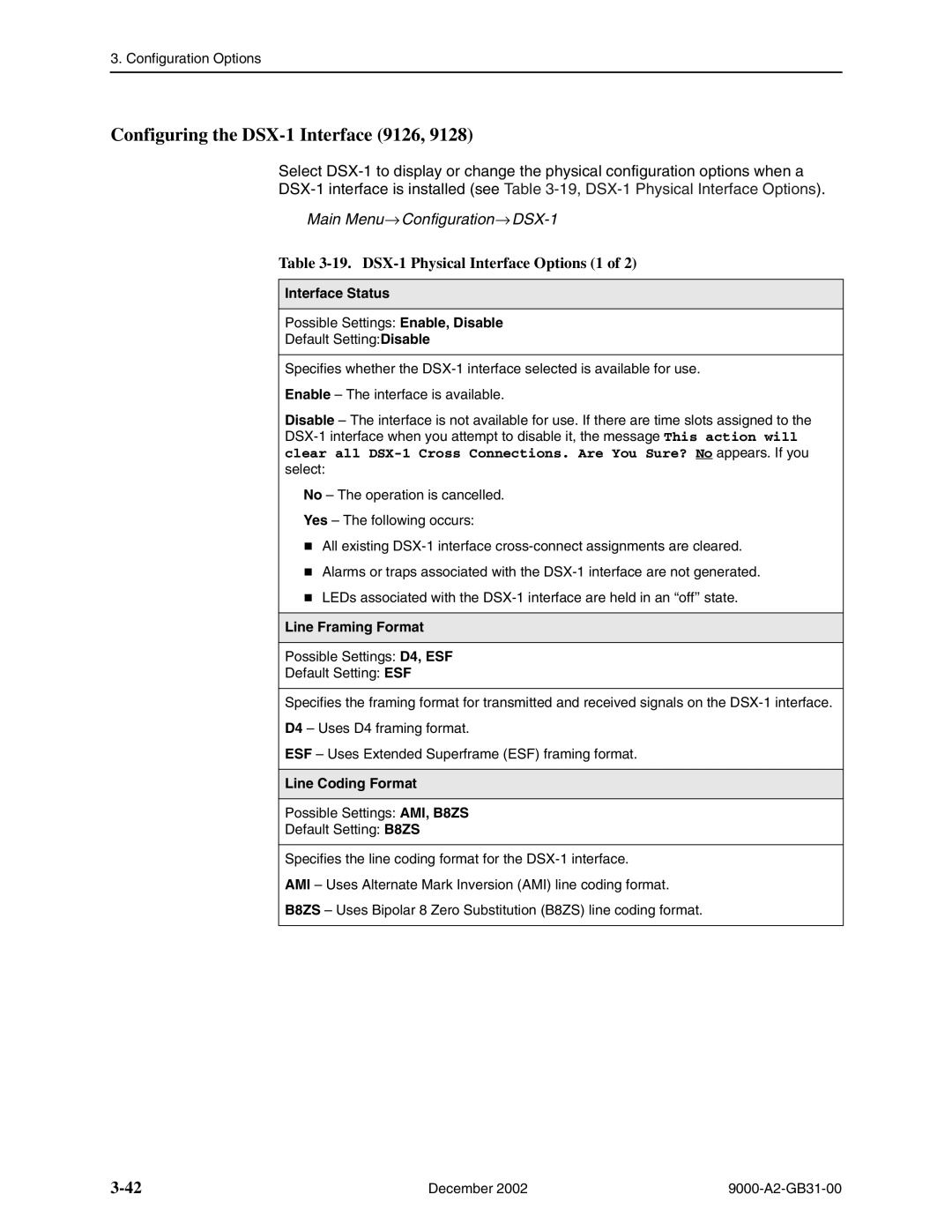 Paradyne 9788 Configuring the DSX-1 Interface 9126, Main Menu→ Configuration→DSX-1, DSX-1 Physical Interface Options 1 