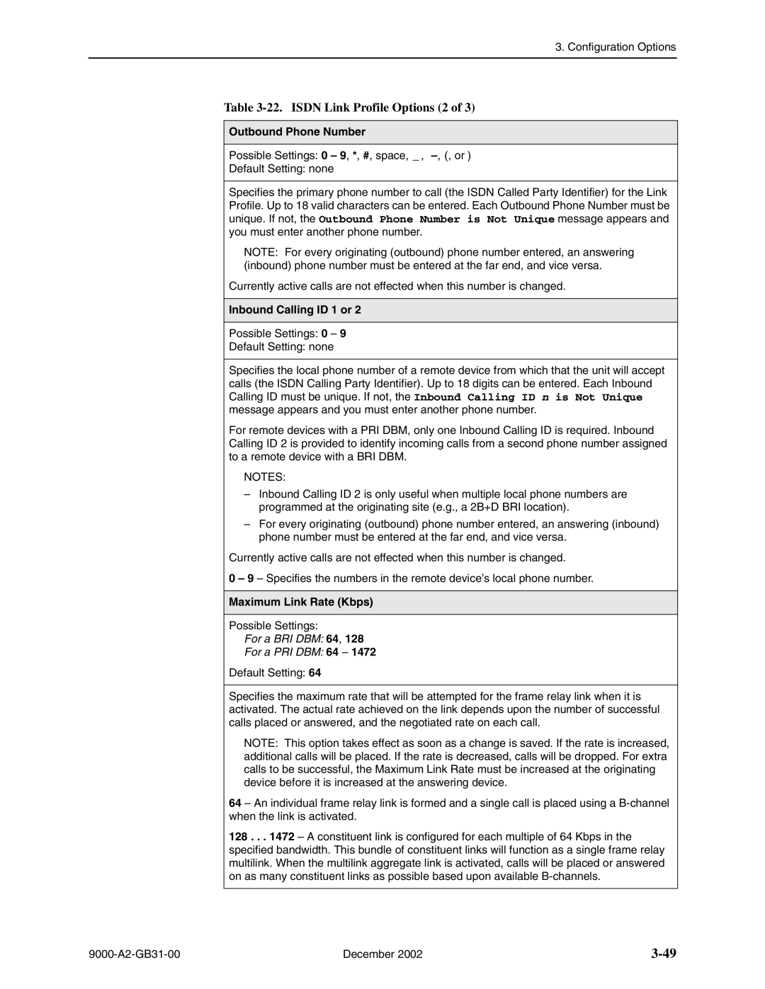 Paradyne 9820-2M, 9623 Isdn Link Profile Options 2, Outbound Phone Number, Inbound Calling ID 1 or, Maximum Link Rate Kbps 