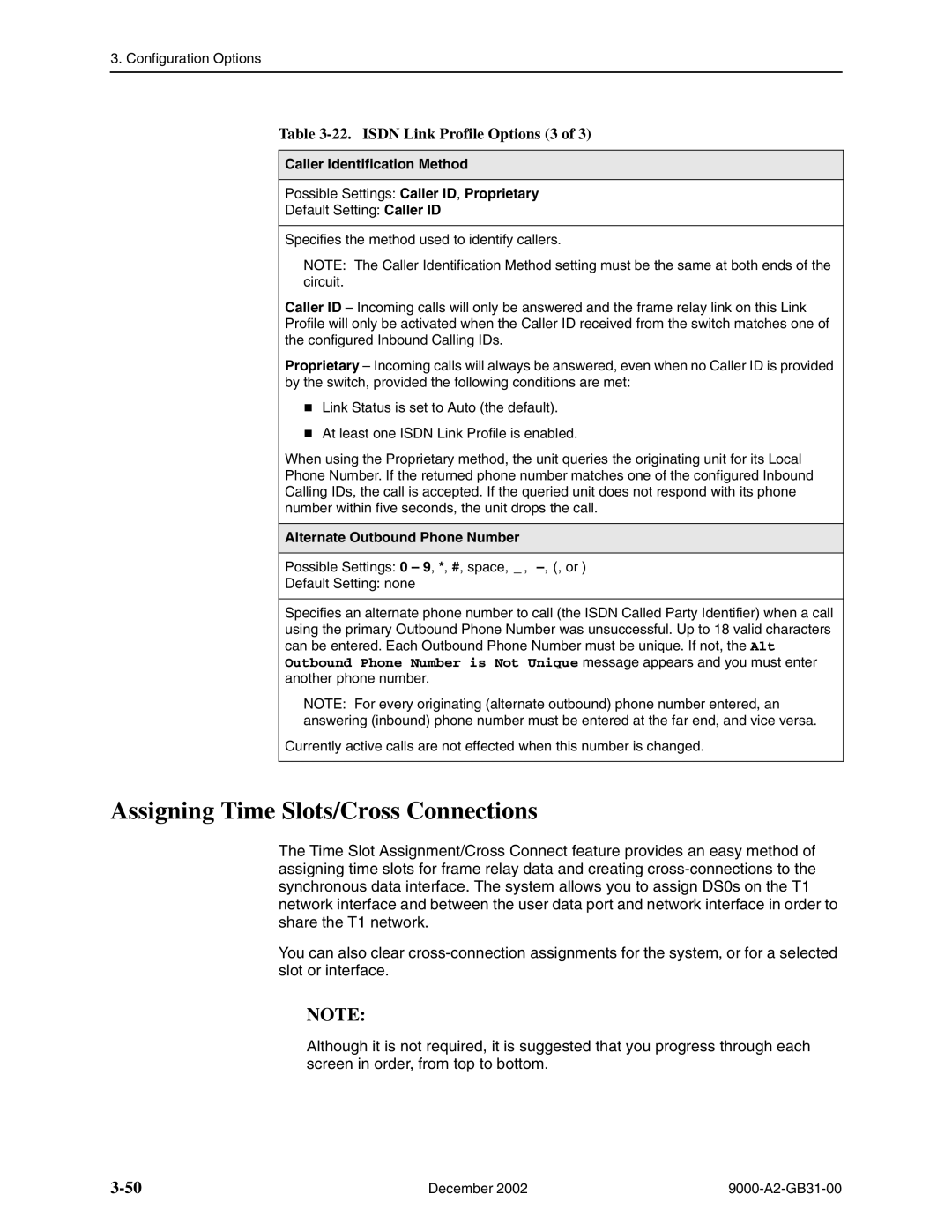 Paradyne 9820-8M, 9623 Assigning Time Slots/Cross Connections, Isdn Link Profile Options 3, Caller Identification Method 