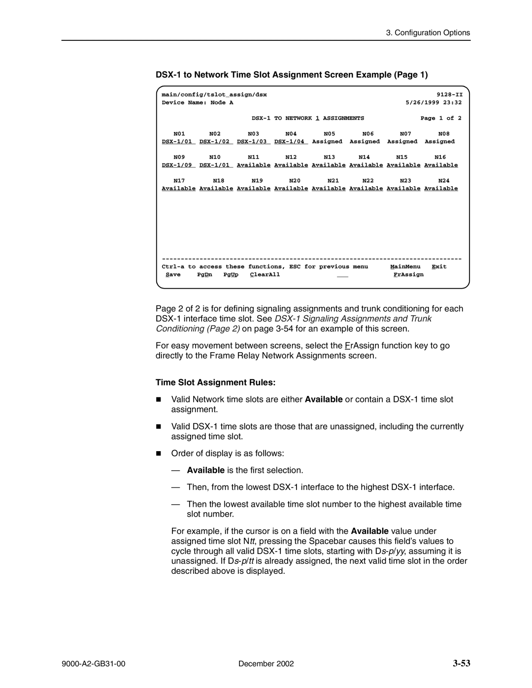 Paradyne 9128 standalone, and 9820-45M, 9820-2M, 9820-8M, 9623, 9788, 9720 DSX-1 to Network Time Slot Assignment Screen Example 