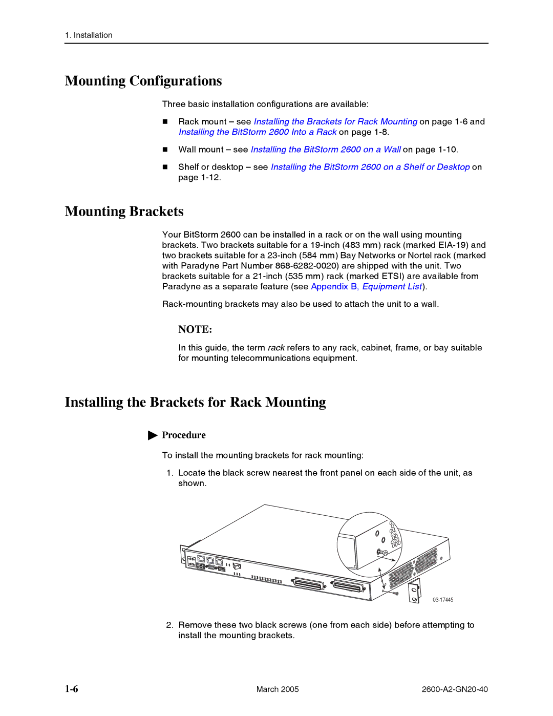 Paradyne BitStorm 2600 manual Mounting Configurations, Mounting Brackets, Installing the Brackets for Rack Mounting 