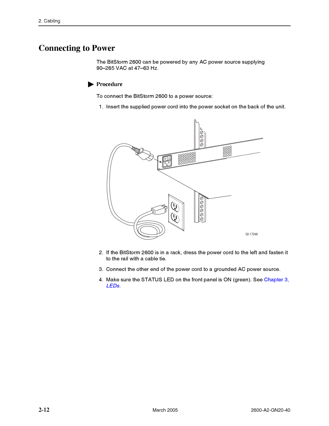 Paradyne BitStorm 2600 manual Connecting to Power 