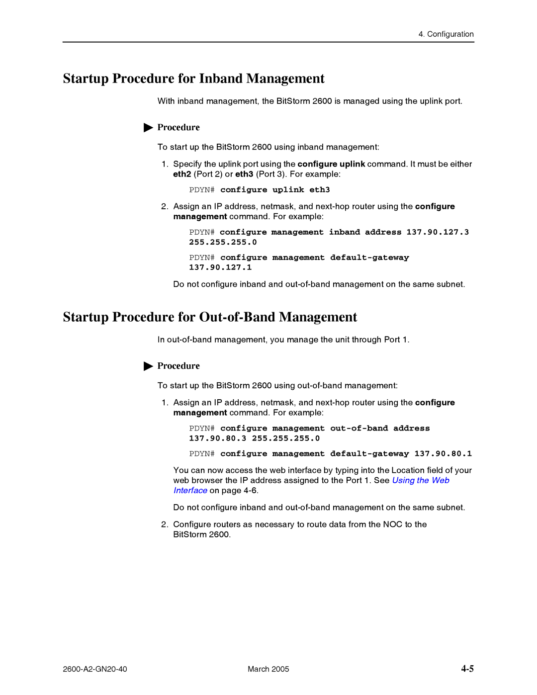 Paradyne BitStorm 2600 manual Startup Procedure for Inband Management, Startup Procedure for Out-of-Band Management 