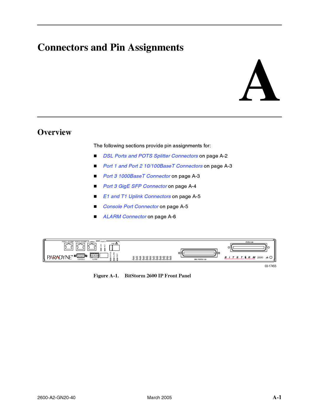 Paradyne manual Connectors and Pin Assignments, Figure A-1. BitStorm 2600 IP Front Panel 