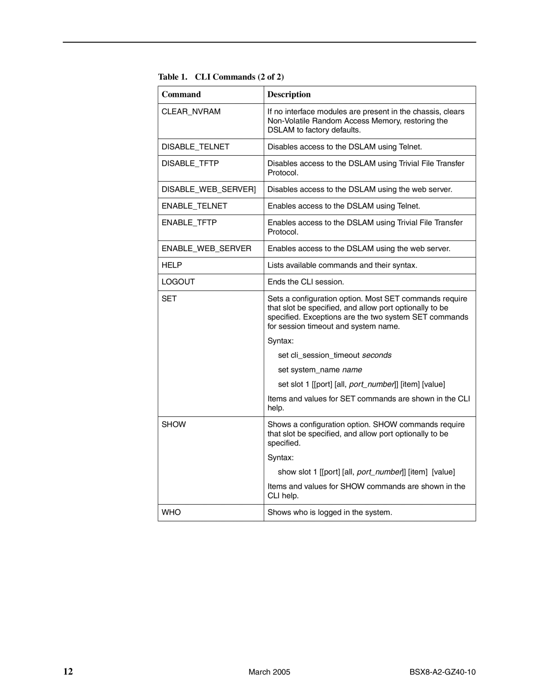 Paradyne BSX8000-5, Broadband Services Switch installation instructions CLI Commands 2 Description, Clearnvram 