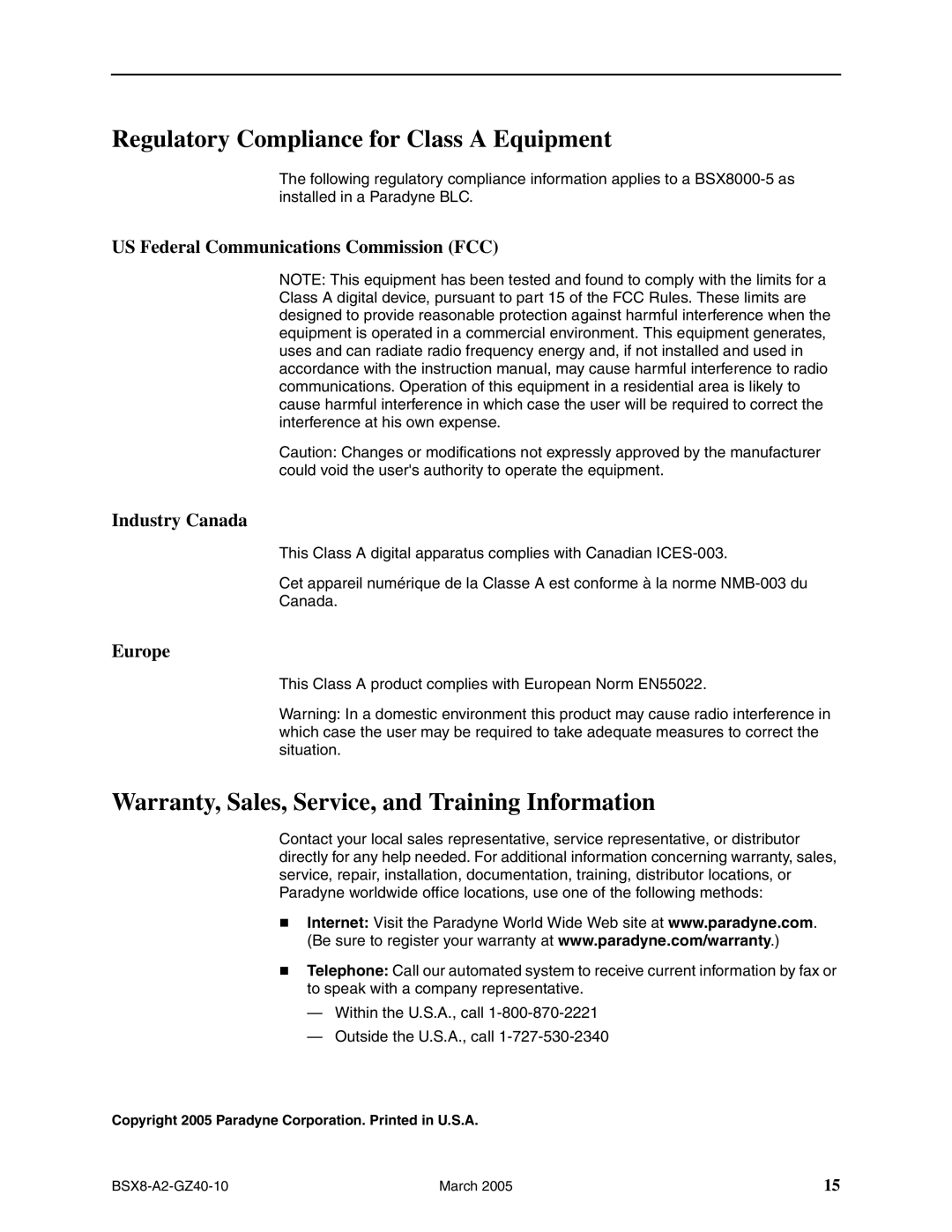 Paradyne Broadband Services Switch, BSX8000-5 installation instructions Regulatory Compliance for Class a Equipment, Europe 