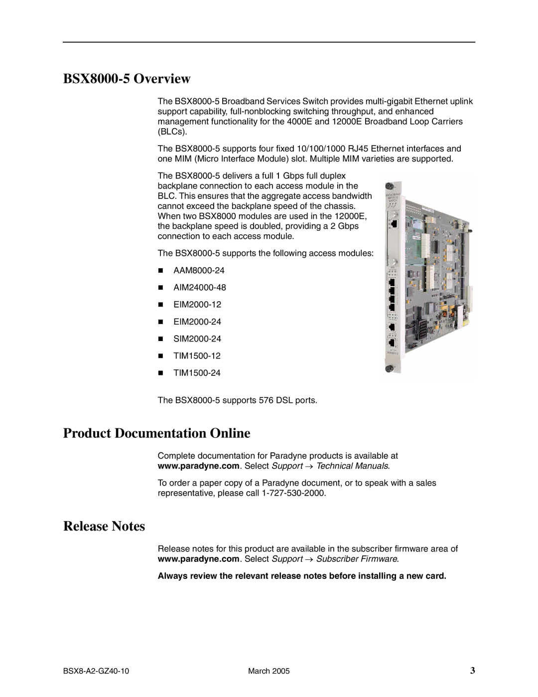 Paradyne Broadband Services Switch BSX8000-5 Overview, Product Documentation Online, Release Notes 