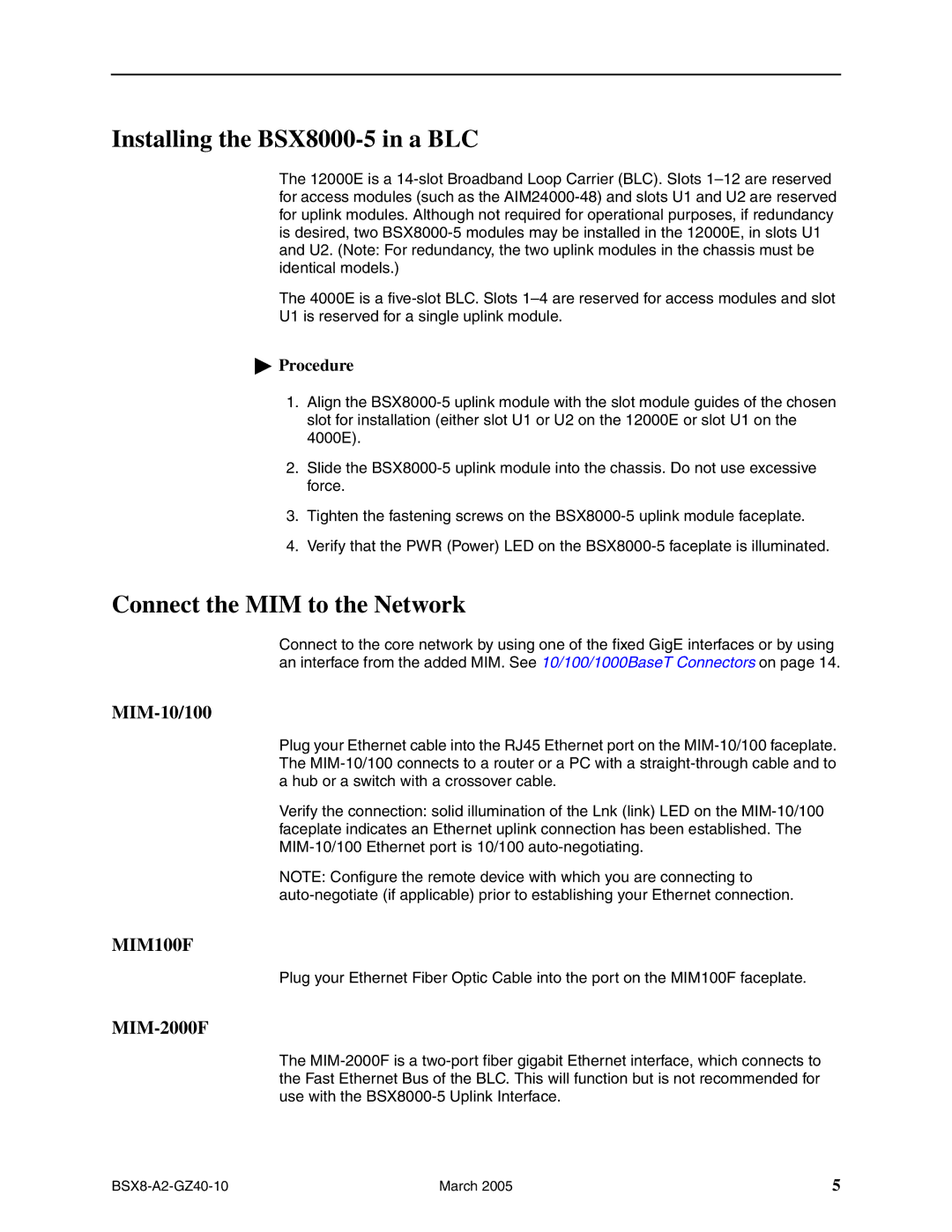 Paradyne Broadband Services Switch Installing the BSX8000-5 in a BLC, Connect the MIM to the Network, MIM-10/100 