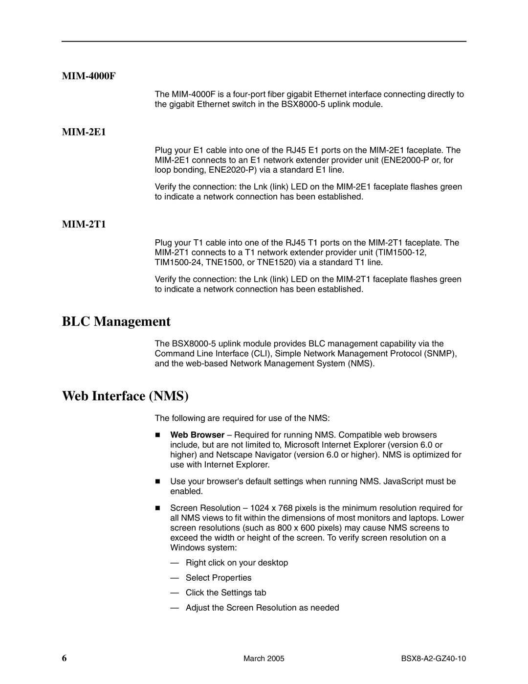 Paradyne BSX8000-5, Broadband Services Switch installation instructions BLC Management, Web Interface NMS, MIM-4000F 