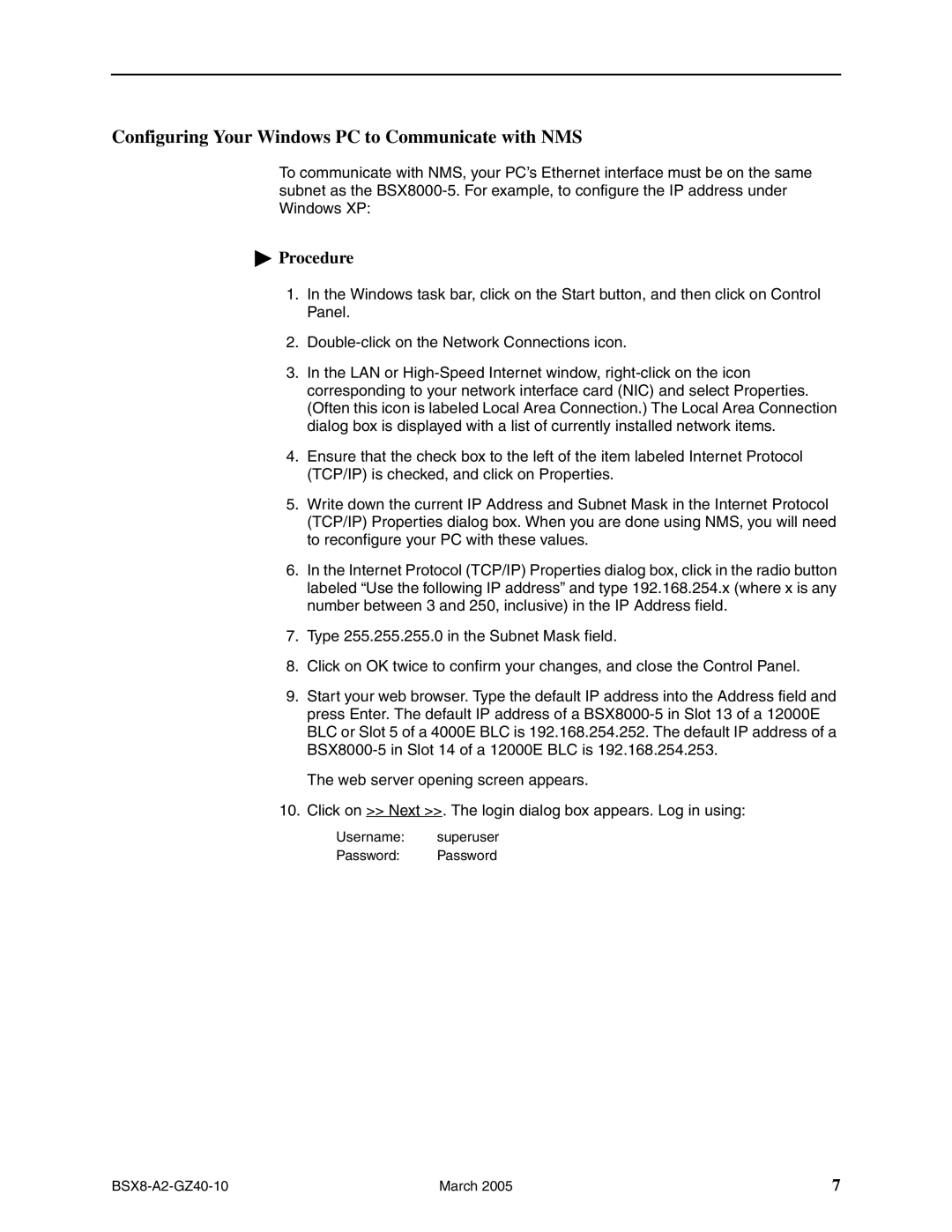 Paradyne Broadband Services Switch, BSX8000-5 installation instructions Configuring Your Windows PC to Communicate with NMS 