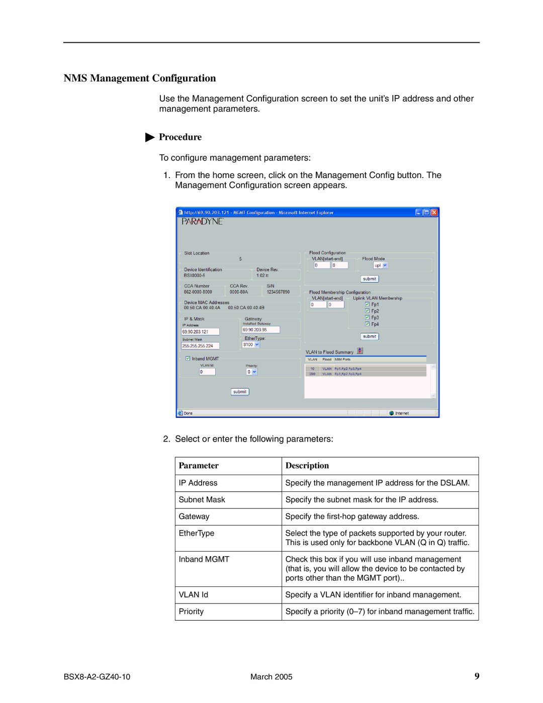 Paradyne Broadband Services Switch, BSX8000-5 installation instructions NMS Management Configuration, Parameter Description 