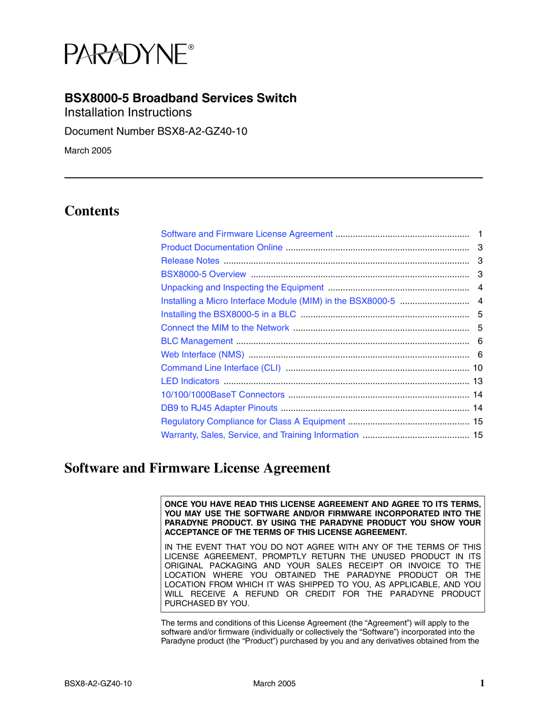 Paradyne Broadband Services Switch, BSX8000-5 installation instructions Contents, Software and Firmware License Agreement 