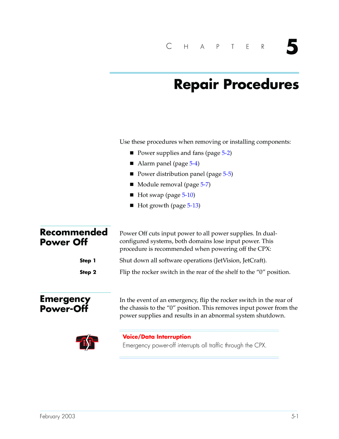 Paradyne CPX-1000 manual Repair Procedures, Recommended Power Off, Emergency Power-Off 