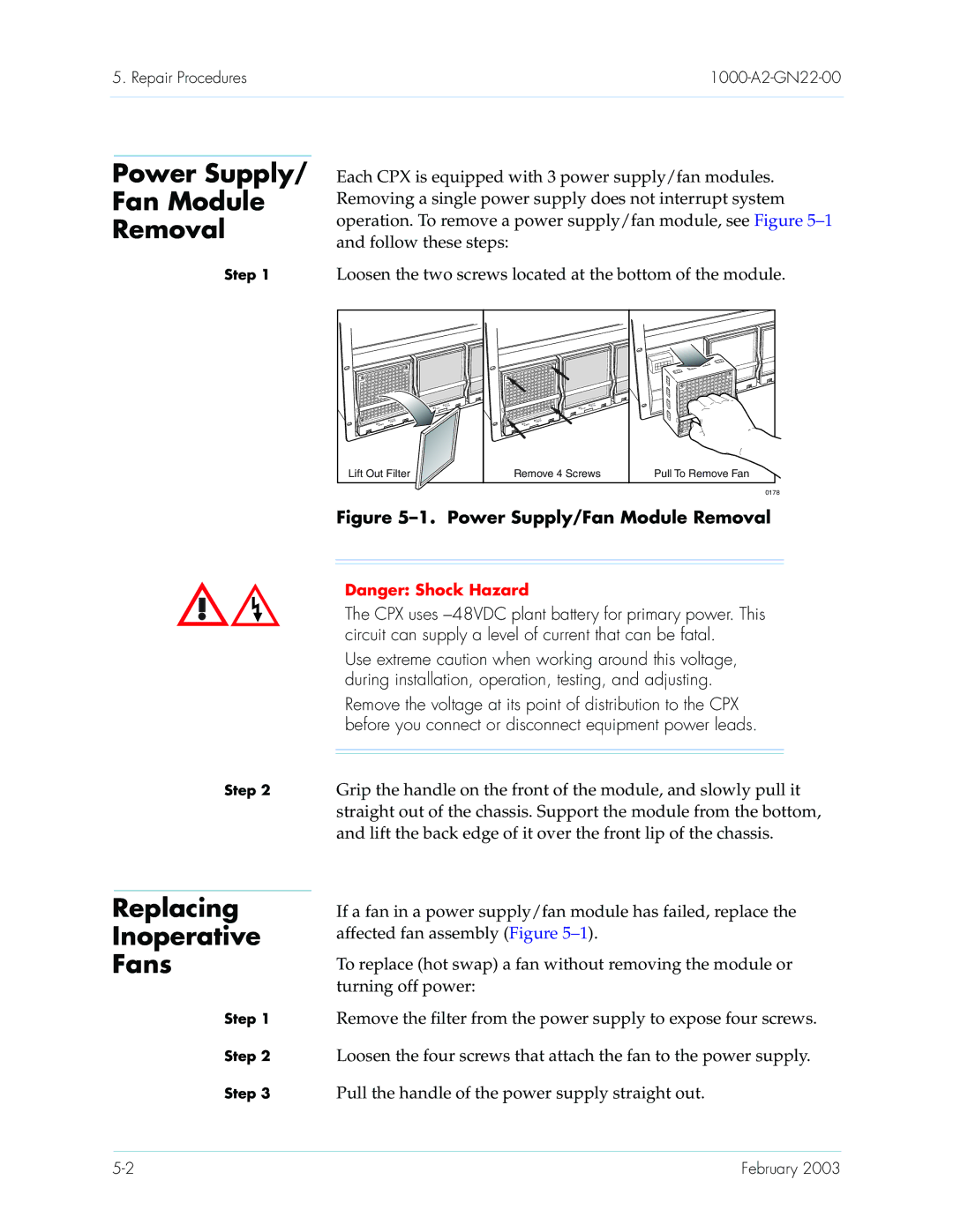 Paradyne CPX-1000 manual Power Supply Fan Module Removal, Replacing, Inoperative, Fans 