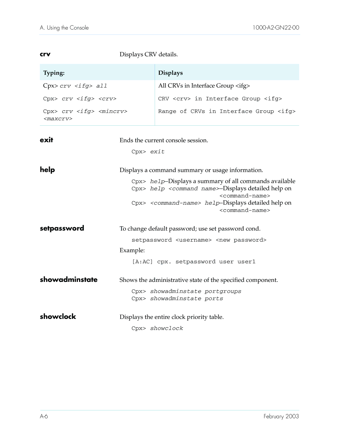 Paradyne CPX-1000 manual All CRVs in Interface Group ifg, Displays a command summary or usage information, Example 