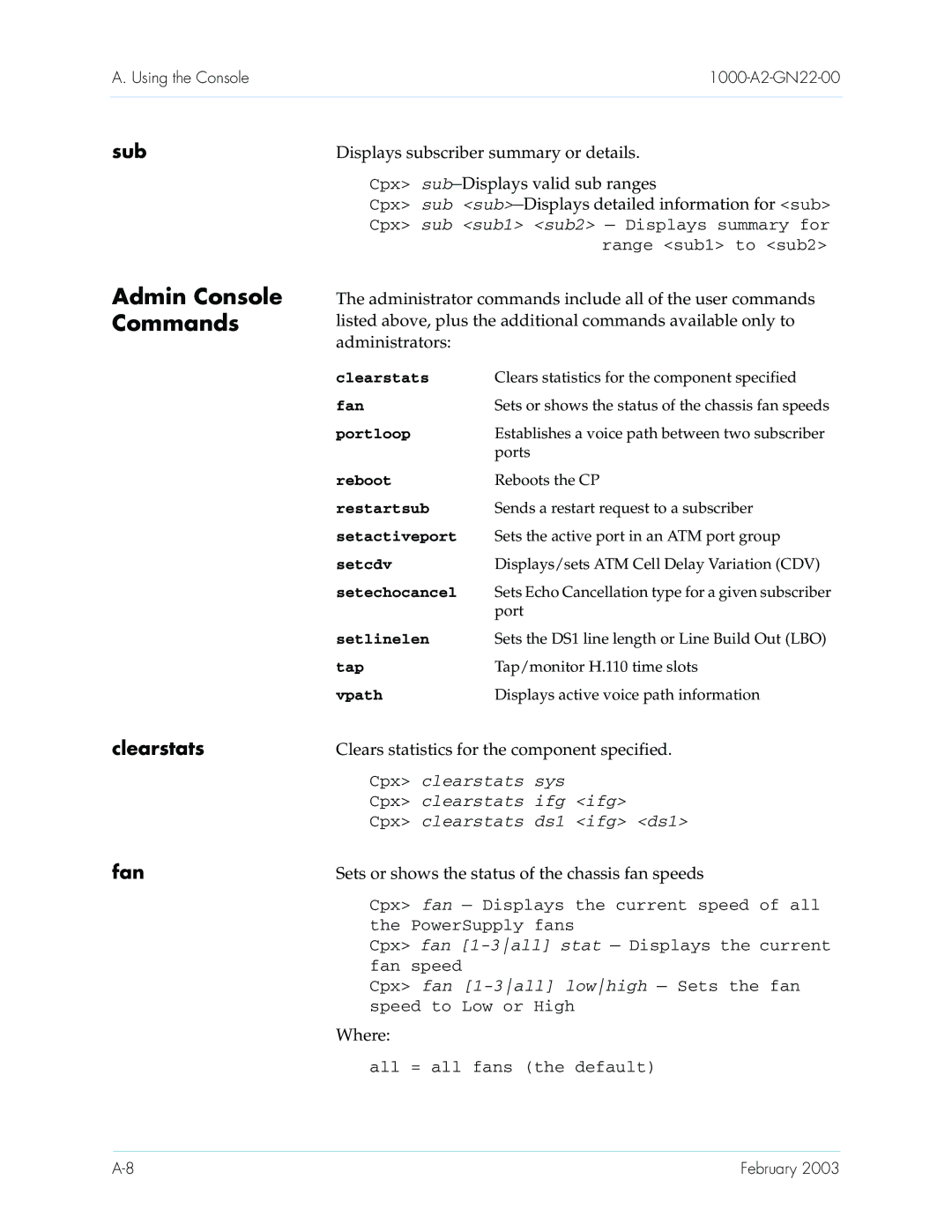 Paradyne CPX-1000 manual Admin Console Commands, Clears statistics for the component specified, Where 