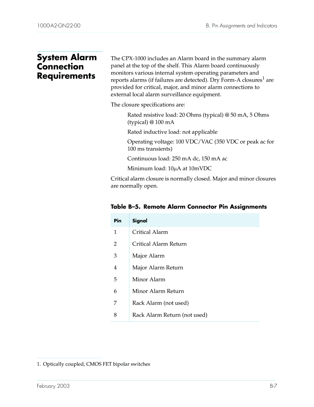 Paradyne CPX-1000 manual System Alarm Connection Requirements, Table B-5. Remote Alarm Connector Pin Assignments 