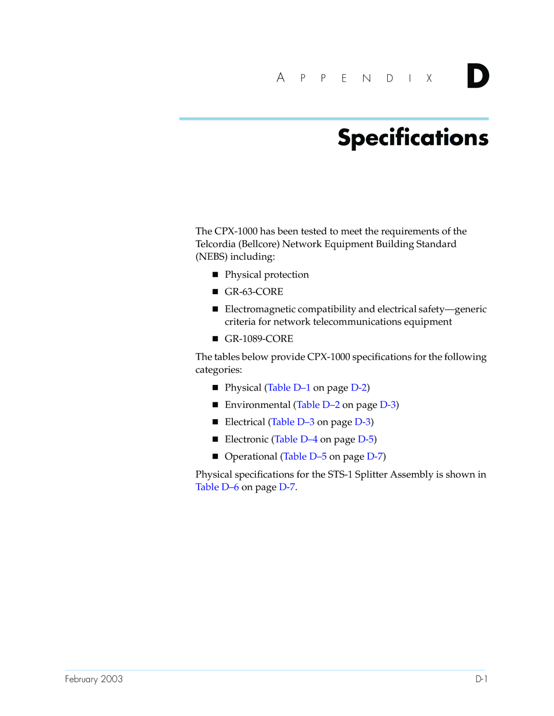 Paradyne CPX-1000 manual Specifications, GR-63-CORE 