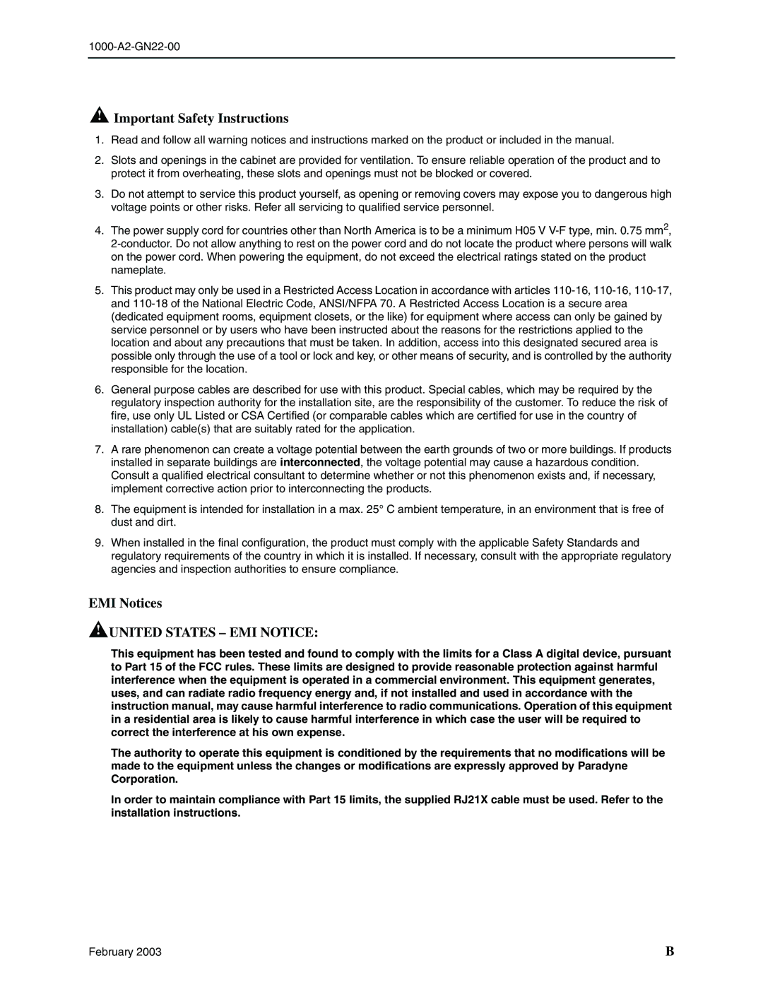 Paradyne CPX-1000 manual United States EMI Notice 