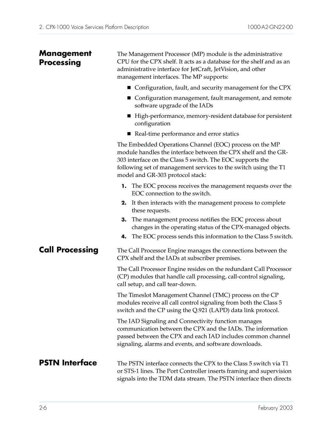 Paradyne CPX-1000 manual Management Processing, Call Processing Pstn Interface 