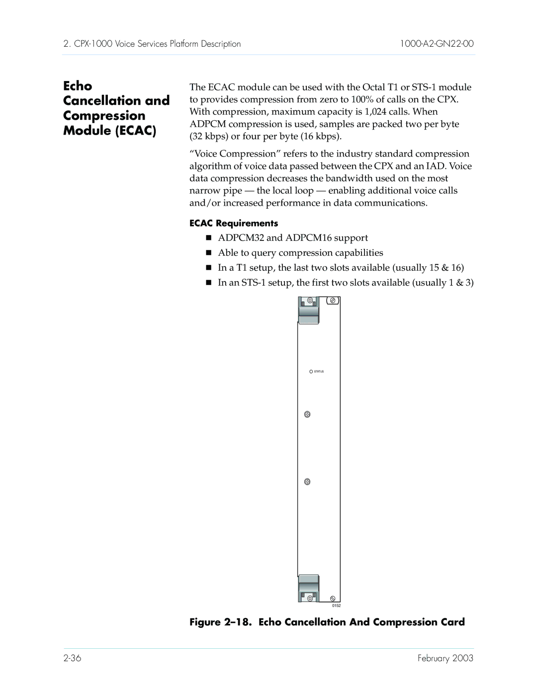 Paradyne CPX-1000 manual Echo Cancellation Compression Module Ecac, Echo Cancellation And Compression Card 