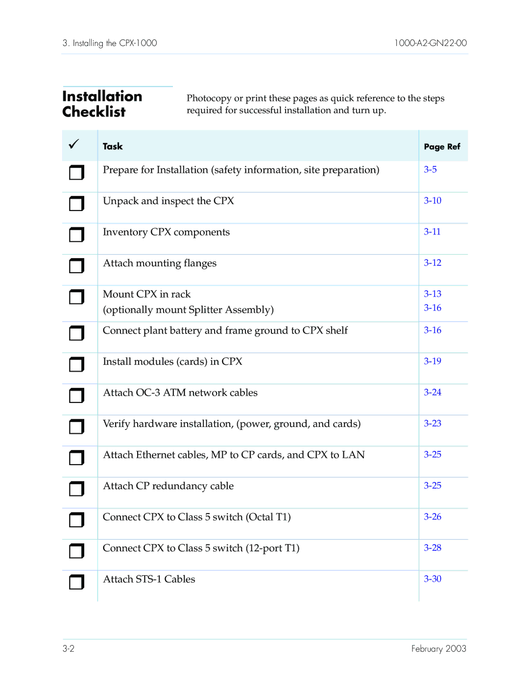 Paradyne CPX-1000 manual Installation Checklist 