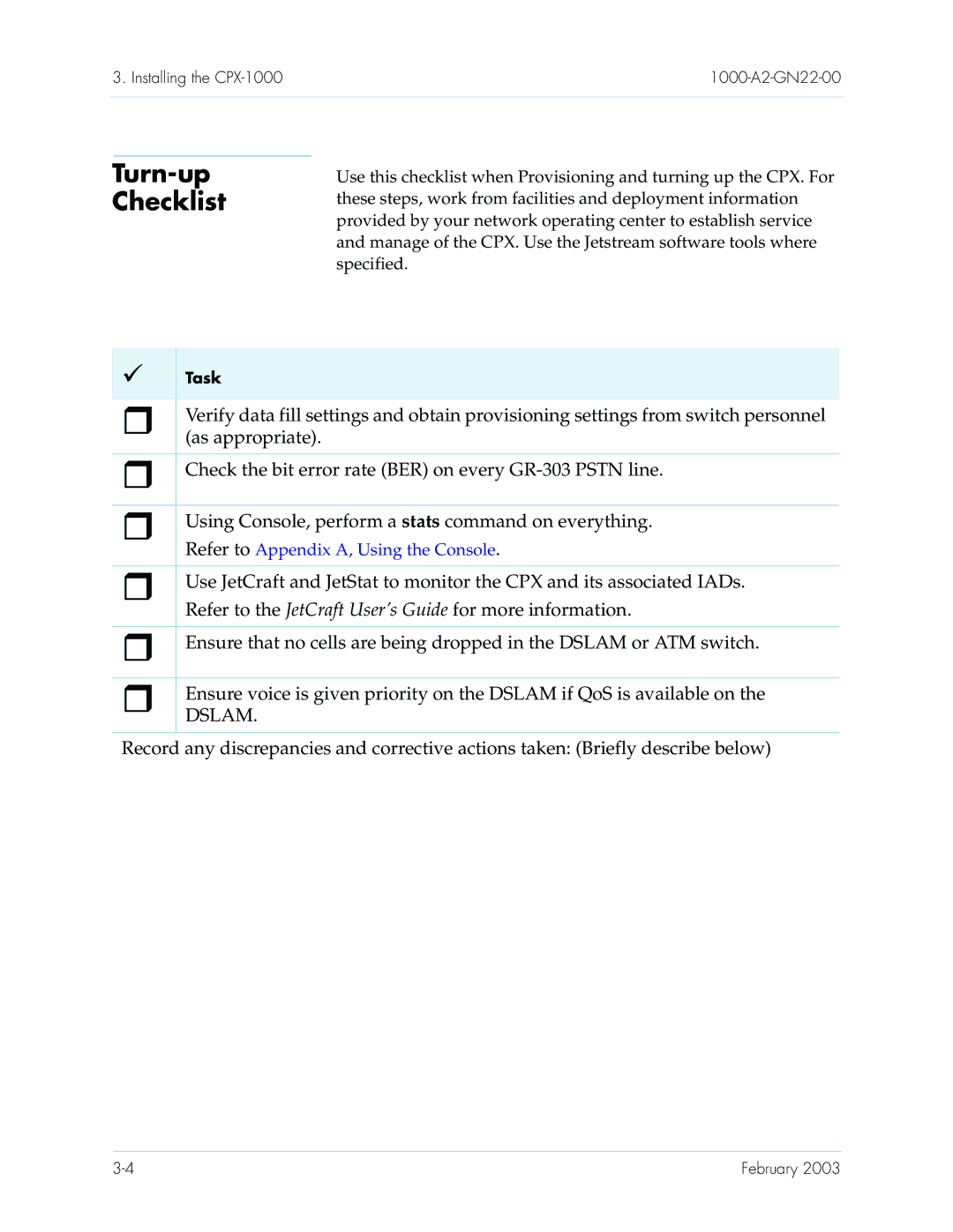 Paradyne CPX-1000 manual Turn-up Checklist, Check the bit error rate BER on every GR-303 Pstn line 