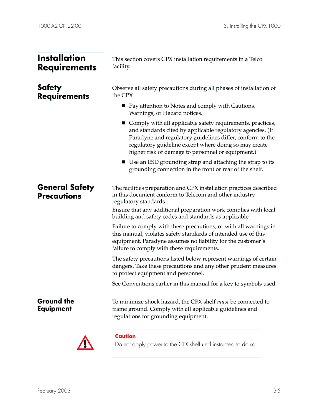 Paradyne CPX-1000 manual Installation Requirements, Safety Requirements General Safety Precautions 