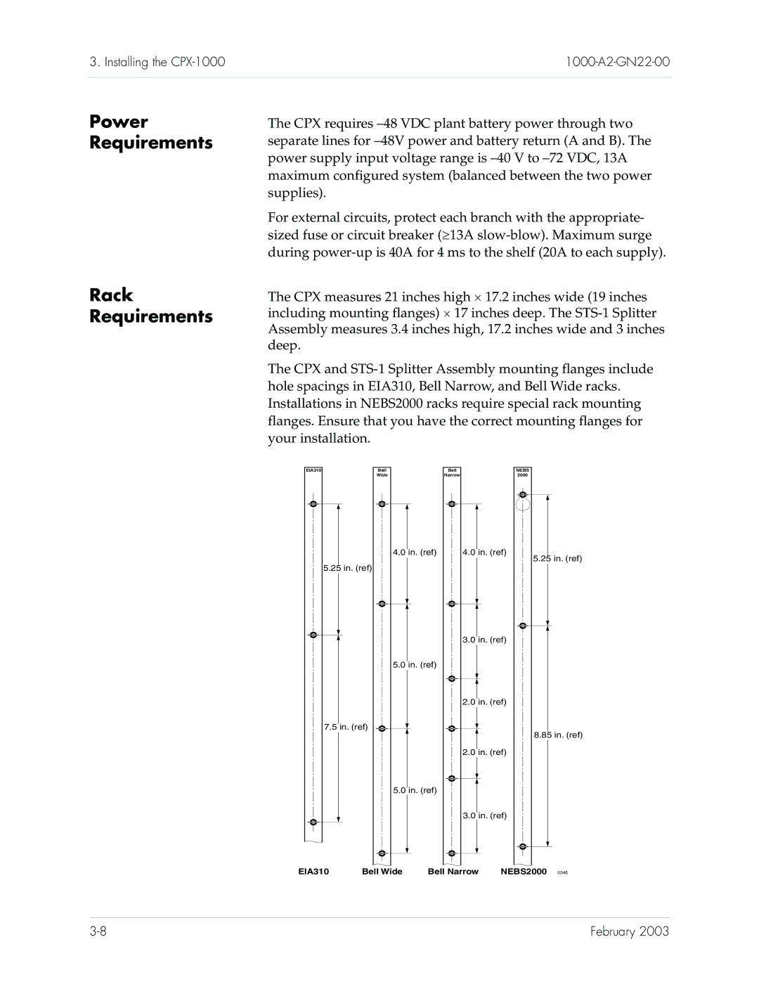 Paradyne CPX-1000 manual Power, Requirements, Rack 