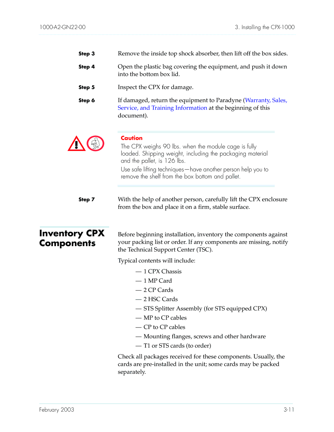 Paradyne CPX-1000 manual Inventory CPX Components, Into the bottom box lid, Inspect the CPX for damage, Document 